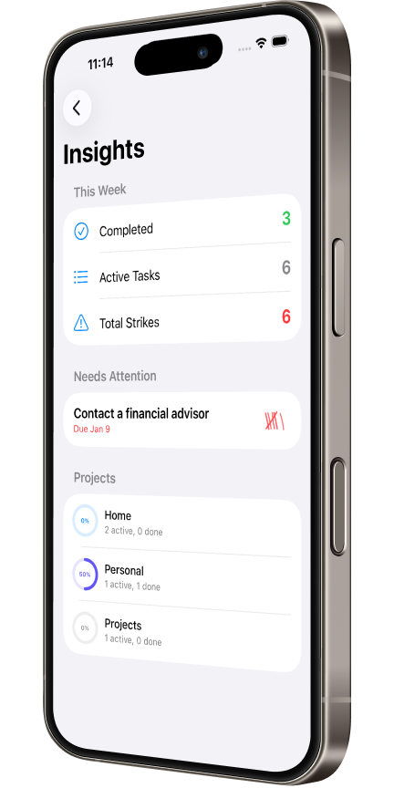 Insights dashboard with weekly stats and project progress rings