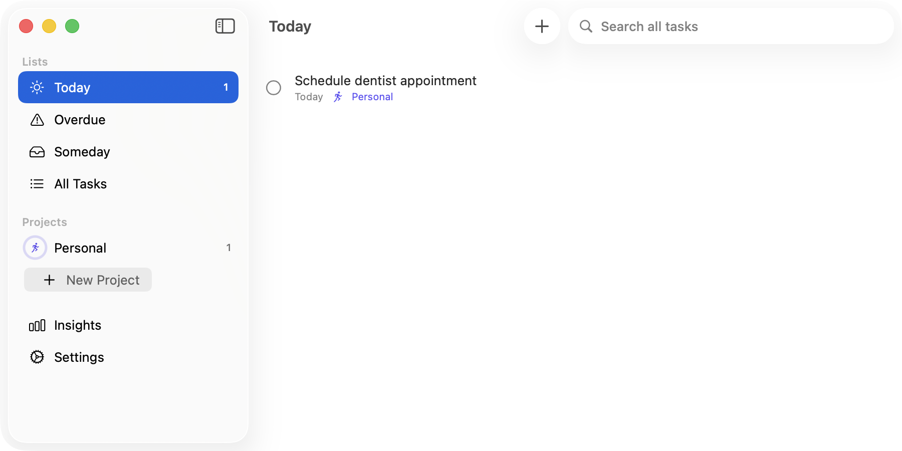 Seven on Mac. Full desktop experience with sidebar, task list, and project navigation.